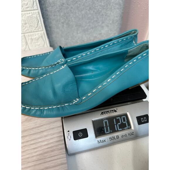 Westies Vtg Loafer Womens 8 Teal Leather Flat Slip On Round Toe White Stitching - Picture 10 of 11